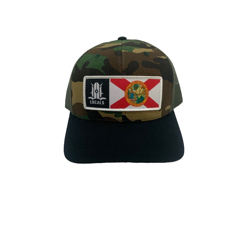 FLORIDA LOCALS CURVED BRIM TRUCKER CAMO/BLACK/OLIVE