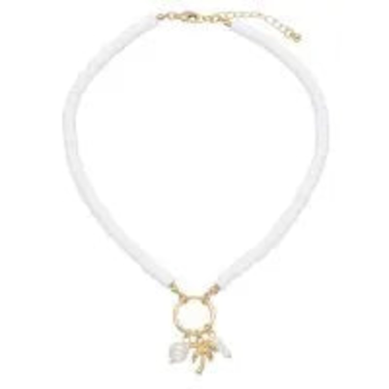 White Heishi Choker W/Gold Circle & Tropical Charms