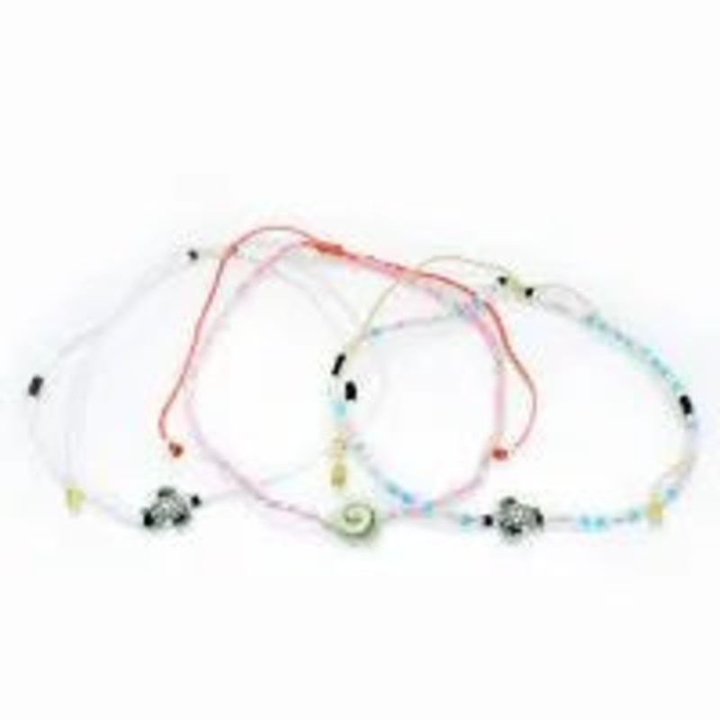 3-PIECE BEADED BRACELETS WITH TURTLES AND SHELL