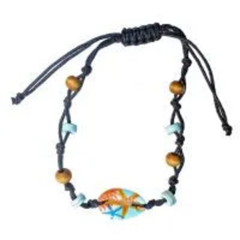 STARFISH PRINT COWRIE SHELL ON BEADED ROPE BRACELET