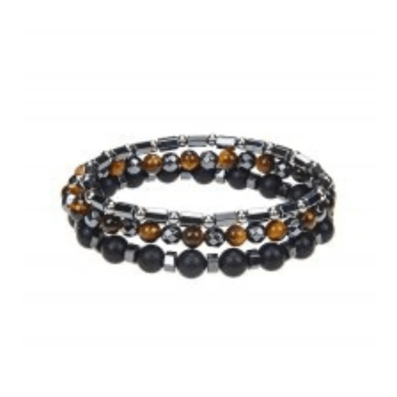 Set Of 3 Hematite, Tiger Eye & Matte Blk Beaded Bracelet